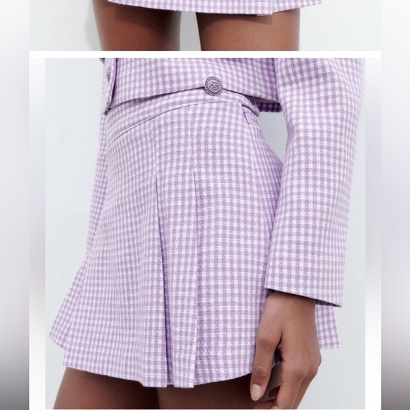 Zara Textured Pleated Mini Skort Skirt Size Medium Purple Plaid - Picture 1 of 3